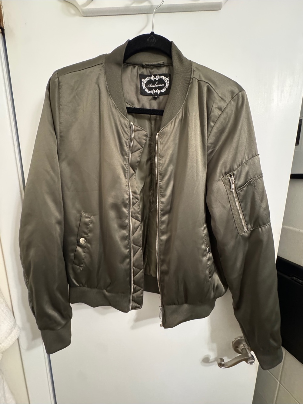 Ambiance Olive Satin Bomber Jacket